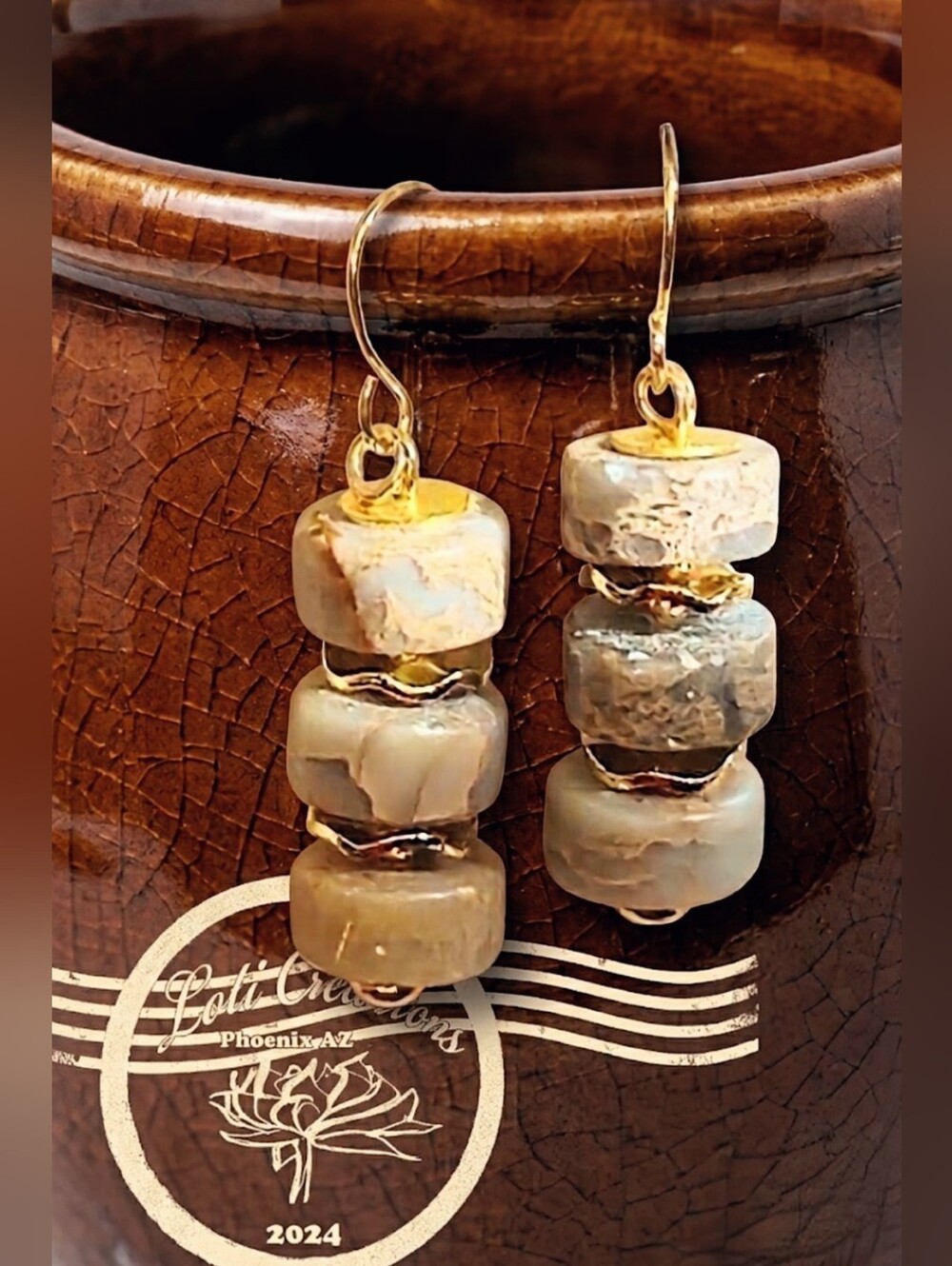 Natural Blue Opal In Exquisite Three Tier Wheel In 18K  Gold Plated Earrings